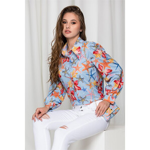 Camasa Denisse bleu cu imprimeu si accesoriu