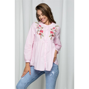 Camasa Ekaterina roz accesorizata cu broderie florala