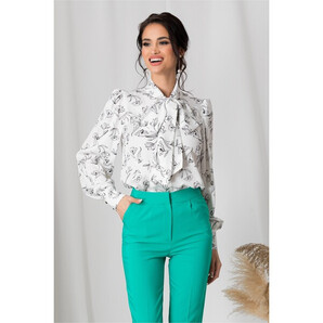 Camasa LaDonna alba cu flori negre si guler tip esarfa