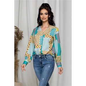 Camasa Melania turcoaz cu galben si imprimeuri diverse