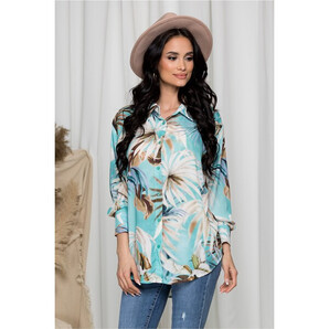 Camasa Samira turcoaz cu imprimeu exotic