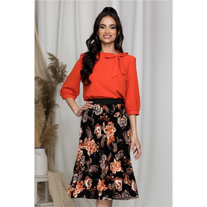 Fusta in pliuri Mony neagra cu imprimeu floral caramizii