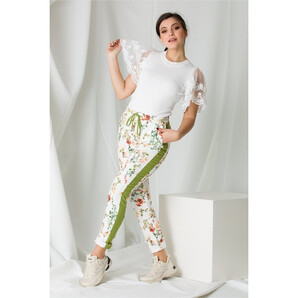 Pantaloni Leonard Collection albi cu imprimeuri florale