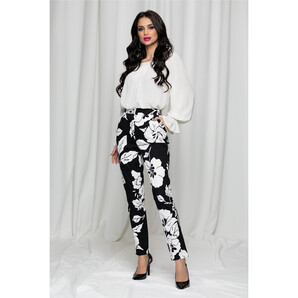 Pantaloni Leonard Collection negri cu imprimeu floral alb