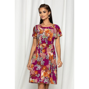 Rochie Adriela violet cu flori orange si fundita in zona decolteului