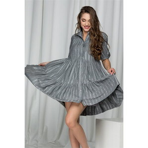 Rochie Alexandra gri cu lurex si guler tip camasa