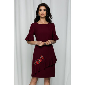 Rochie Daciana bordo cu maneci tip clopot si broderie