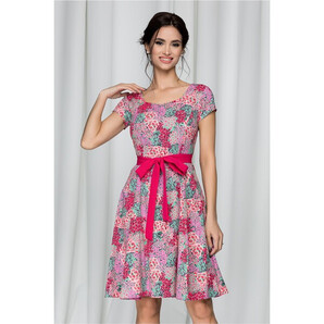 Rochie Daria cu imprimeu floral multicolor si cordon fucsia