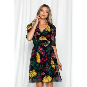 Rochie Dora neagra cu imprimeuri florale colorate si nasturi in talie