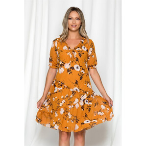 Rochie Doris camel cu imprimeu floral