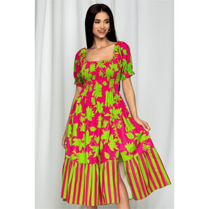 Rochie Fabiona fuchsia cu imprimeu verde