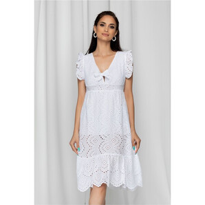 Rochie Ida alba cu nod in zona bustului si model ajurat