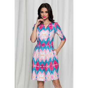 Rochie Ilina albastra cu imprimeu geometric roz