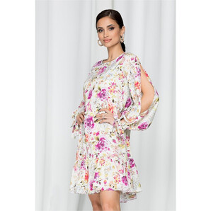 Rochie LaDonna by DYFashion ivory cu maneci lungi despicate si imprimeu floral