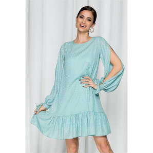 Rochie LaDonna by DYFashion verde mint cu maneci lungi despicate si insertii aurii