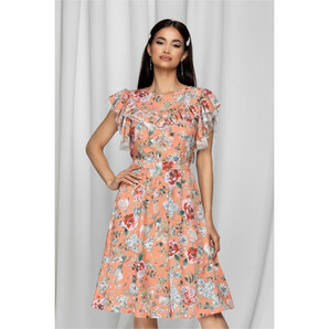 Rochie LaDonna orange cu imprimeu floral si volan la maneci si bust dublat de tull