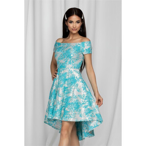 Rochie Lara ivoire cu imprimeu floral iesit in relief bleu si baza asimetrica