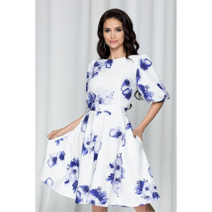 Rochie MBG alba cu imprimeu floral albastru cu maneci bufante