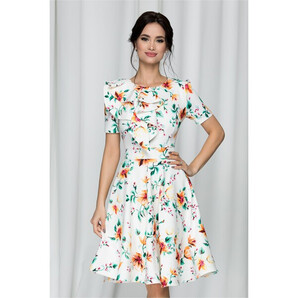 Rochie MBG alba cu imprimeu floral orange si volan pe bust