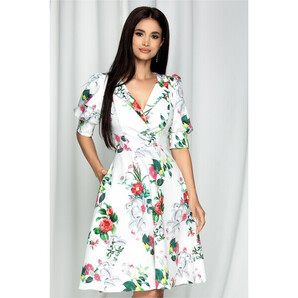 Rochie MBG alba cu imprimeu floral verde-roz si maneci scurte cu mansete