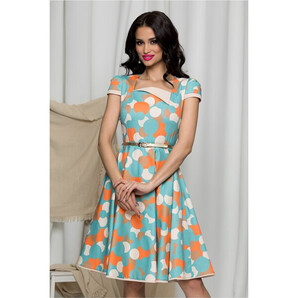 Rochie MBG bleu cu buline orange si curea in talie