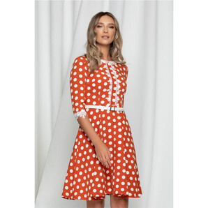 Rochie MBG caramizie cu buline si dantela pe bust si maneci