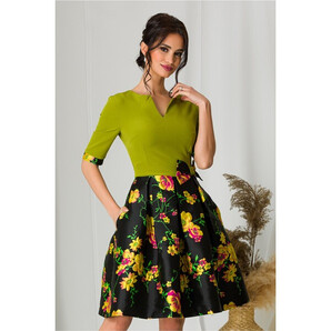 Rochie MBG cu bust verde si fusta neagra cu imprimeuri florale