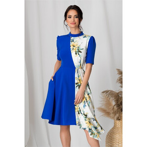 Rochie MBG duo albastru electric si imprimeu floral pe fundal alb