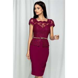 Rochie MBG magenta cu dantela la bust si peplum accesorizat cu o curea