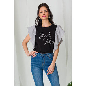 Tricou Good Vibes negru cu volane maxi pe maneci