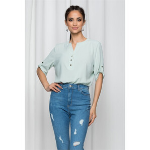 Bluza Caterina verde pal cu maneci scurte prinse cu nasturi