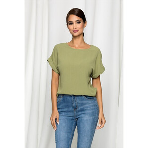 Bluza Esther verde army cu maneci scurte si decolteu rotund
