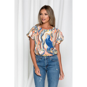 Bluza Frona alba cu maneci despicate si imprimeu bleumarin si orange