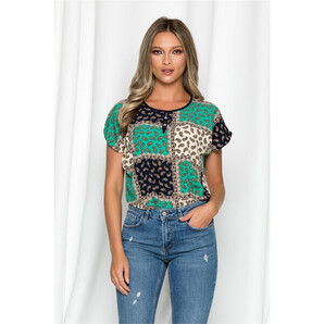 Bluza Gabrielle bej cu maneci scurte si imprimeu bleumarin si verde