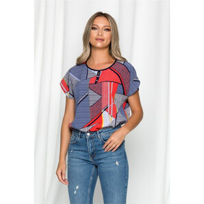 Bluza Gabrielle bleumarin cu maneci scurte si imprimeu geometric corai