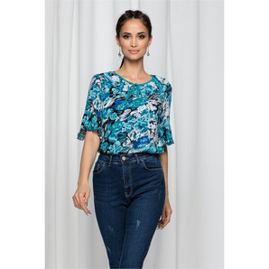 Bluza Ilana neagra cu imprimeu floral si maneci tip clopot