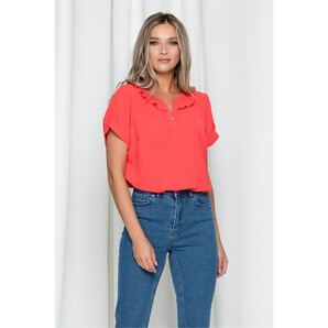 Bluza Kassia corai accesorizata cu volanas la decolteu