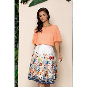 Bluza Ligia peach cu insertii din lurex si maneci scurte cu volanase