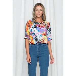 Bluza Samia bleu cu imprimeu portocaliu si negru