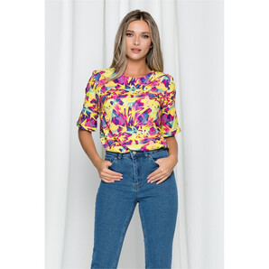 Bluza Samia galbena cu imprimeu roz si mov