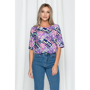 Bluza Samia indigo cu imprimeu mov si verde mint