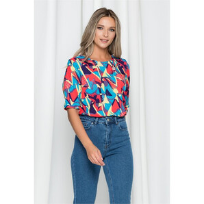 Bluza Samia turcoaz cu imprimeu corai si bleumarin