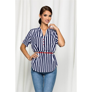 Bluza Vanessa alba cu dungi si curea in talie