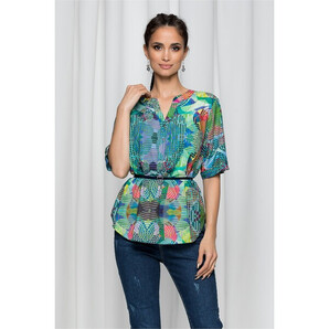 Bluza Vanessa verde cu imprimeu multicolor si curea in talie