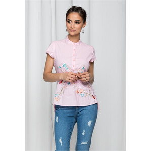 Camasa Dara roz cu maneci scurte si broderie florala la baza