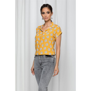 Camasa Iraide galben mustar cu imprimeu floral si elastic la baza