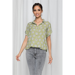 Camasa Iraide verde cu imprimeu floral si elastic la baza