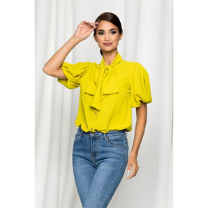 Camasa LaDonna galben mustar cu guler tip esarfa si maneci bufante
