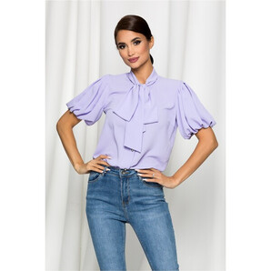 Camasa LaDonna lila cu guler tip esarfa si maneci bufante