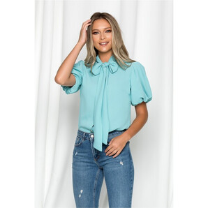 Camasa LaDonna verde mint cu guler tip esarfa si maneci bufante